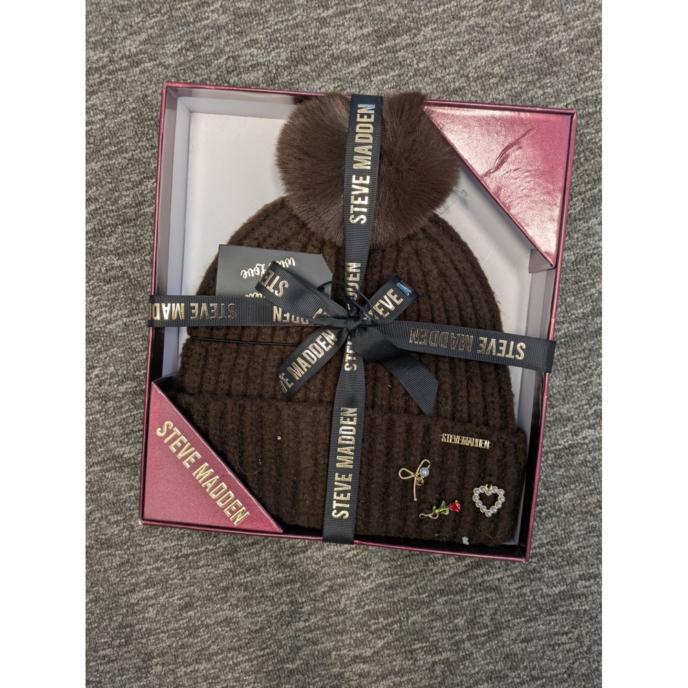 Steve Madden Womens Brown‎ Ribbed Beanie Hat Faux Fur NWT